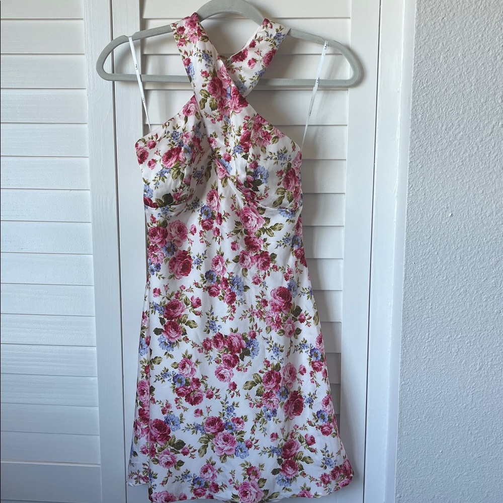 Lulu's Mini Dress Halter Neck Floral Size M Ivory Pink